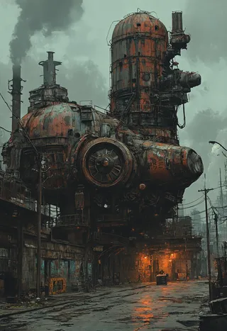 A large rusted mechanical structure hovers over a grimy, deserted street emitting an orange glow under a gloomy, cloudy sky in a Dieselpunk dystopian industrial setting.