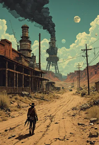 A lone cowboy walks down an abandoned dusty street in a Westernpunk setting with rugged landscapes, old wooden buildings, steampunk towers, and a teal sky with moons.