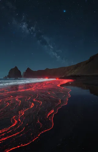 Crimson-glowing bioluminescent waves flowing over black volcanic sand on a beach under a starry night sky with reflections in wet sand and a dreamy scarlet long-exposure haze.