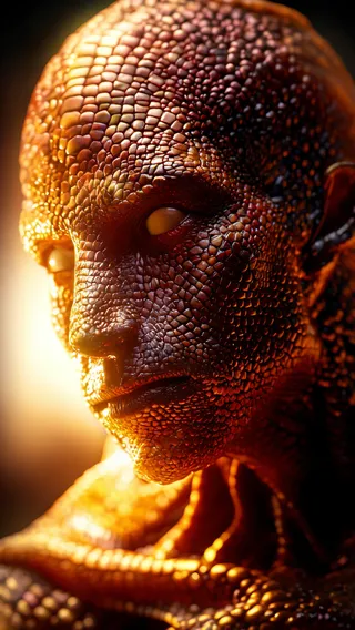 Close-up of a photorealistic creature's face with textured, reptilian-like skin illuminated by dramatic lighting showing high detail and film grain effects.