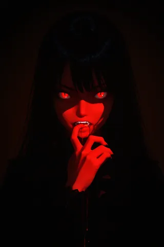 A vampire girl with long black hair and glowing red eyes biting her finger with blood dripping, illuminated by high contrast lighting against a dark background.