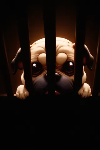 Close-up of a sad pug behind black bars with dim lighting and soft focus highlighting its large eyes.