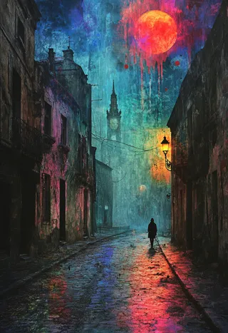 Abandoned street in a Symbolist style featuring mystical symbolism with a dreamlike atmosphere, colorful reflections on wet cobblestone, and a solitary figure under a glowing lamppost.