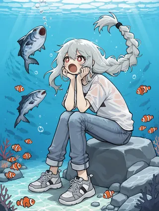 A girl with long white braided hair sits on a stone underwater wearing casual clothes including a white shirt, jeans, and sneakers, surrounded by clownfish and larger fish.