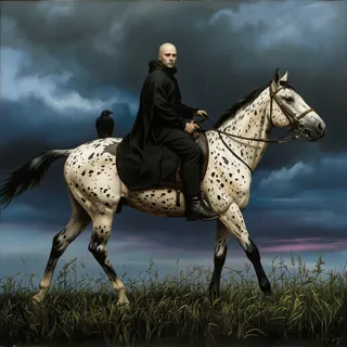 A surreal painting of a bald man in a black cloak sitting on a walking spotted horse with a black crow perched on its back, set against a dark, stormy sky and grassy field.