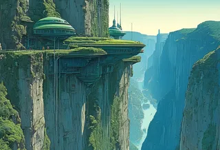 Futuristic monastery and city structures embedded in a cliffside gorge, featuring metallic towers, lush vegetation, a sci-fi flying machine, and a solitary figure walking on a thin bridge.