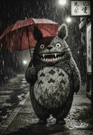 Black-and-white chilling Totoro-inspired yurei holding a red umbrella under heavy rain at a rural bus stop with cinematic Rembrandt lighting and a wide, eerie grin with sharp fangs.