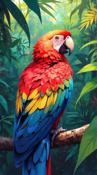 Brightly colored macaw parrot perched on a branch in a lush tropical rainforest, illustrated in soft pastel anime style with high contrast.