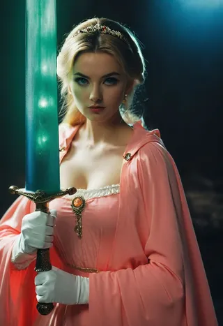 Closeup of a vintage 80s princess styled swordswoman holding a large moonlight greatsword, dressed in a pink cloak and gown, illuminated by moody cinematic lighting.