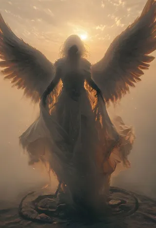 A female figure with large vanta black angel wings and flowing hooded cape, bathed in golden light above clouds, with feathers floating down amid atmospheric haze.