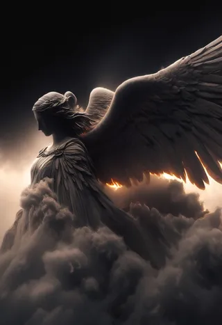 A dark angel with large spread black wings emerging above dense clouds, illuminated by the glowing light of a blood moon, detailed with a cinematic, moody atmosphere and soft light.