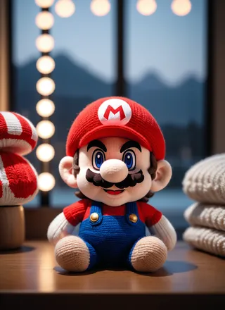 Knitted Chibi Mario plush toy with iconic red cap and cheerful expression, sitting indoors with warm lighting and precise knitting details.
