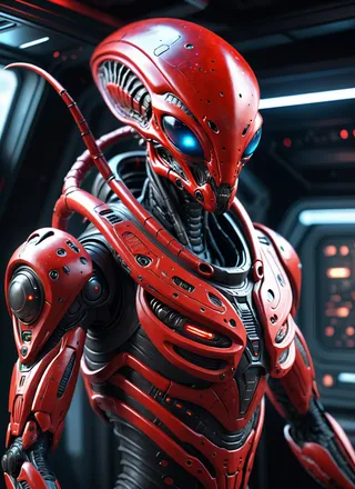 Detailed digital painting of an insectoid alien mercenary in bright red futuristic armor with glowing blue eyes, set inside a spacecraft interior with hi-tech control panels and cosmic lighting.