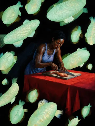 A Jamaican woman in a blue dress chopping a fish on a cutting board over a scarlet tablecloth, surrounded by glowing bioluminescent pale green fish shapes, set against a dark background.