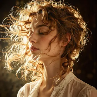 Photo realistic close-up portrait of a young woman with curly blonde hair blowing in the wind, softly lit from the side, eyes closed with a serene expression, wearing a white blouse.