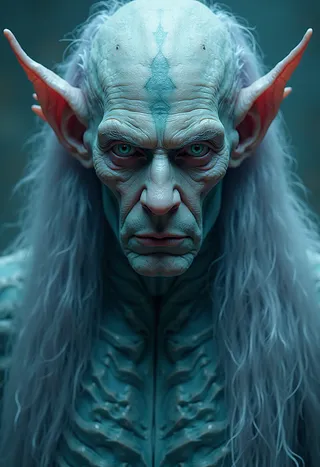 Detailed portrait of a marid, a supernatural large magical humanoid entity with blue eyes, pale blue skin, long lavender hair, aged but formidable features, and pointed ears.