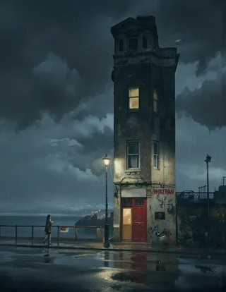 Photo-realistic scene of a stormy night showing a lone figure walking near a tall building with a red door and lit windows, under a dark cloudy sky with ocean in the background and light from a streetlamp reflecting on wet pavement.