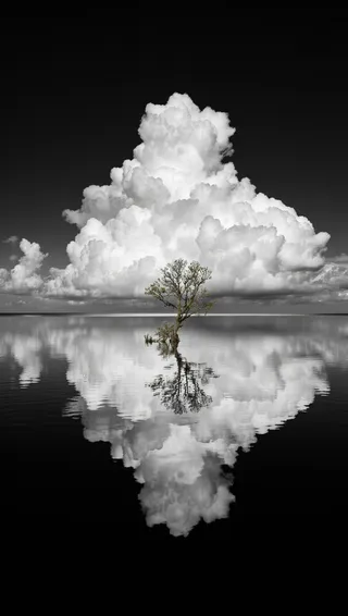 A lone tree stands in the center of a calm water body, reflecting fluffy white clouds above, set against a stark black background in black and white.