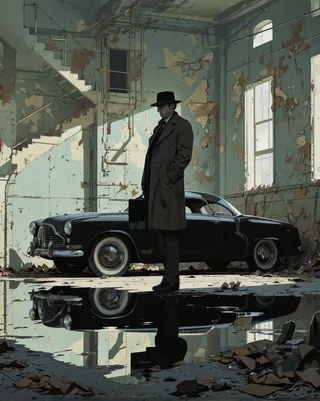 Digital illustration of a businessman silhouette wearing a long coat and fedora hat, standing beside a vintage black car in a dilapidated industrial building, reflected in a puddle on the ground.