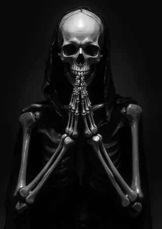 Black and grey skeleton skull in a praying position with hands formed by clasped bony fingers, featuring intricate bone details and soft lighting.