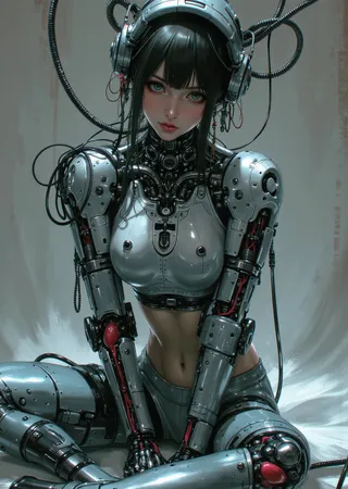 Ultra-detailed steampunk cyborg girl with mechanical limbs sitting wearing grey yoga pants, wires and cables attached to her neck and head.