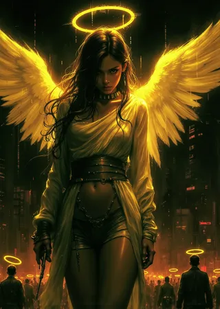 A fierce fallen angel with tattered golden wings and a glowing halo stands in a dark, ominous cityscape surrounded by people with subtle golden halos.