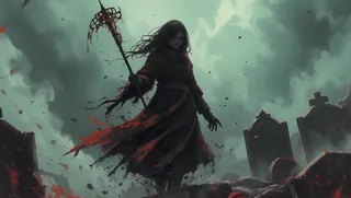 A lone raven-haired huntress clad in tattered Victorian clothing wields a beast-scarred glaive, standing amidst crumbling tombstones enveloped in swirling fog and gloomy skies.