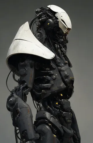 Side view of a futuristic humanoid robot with rugged industrial design, black and white armor with scratches, glowing yellow eyes, and intricate mechanical details.
