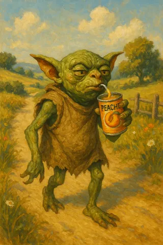 A green gremlin wearing a tattered sack outfit drinking from a can labeled 'Peach' while walking on a sunny dusty countryside road with flowers and trees.