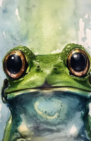 Close-up watercolor painting of a frog's face with large round brown eyes, green and teal skin textures, and a subtle natural background.