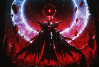A dark celestial goddess figure in black armor with glowing red eyes stands in a dystopian landscape surrounded by floating red rocks and glowing cosmic rings with a red and purple cosmic backdrop.