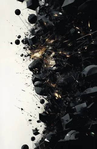 Black and white abstract digital artwork featuring a human face partially obscured by a chaotic explosion of black geometric shapes including cubes and spheres, illuminated by a subtle golden glow.