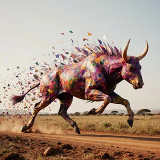 Digital artwork of a colorful bull composed of vivid angular geometric shapes, running swiftly on a dirt track in a veldt landscape, with fragmented shapes trailing behind.