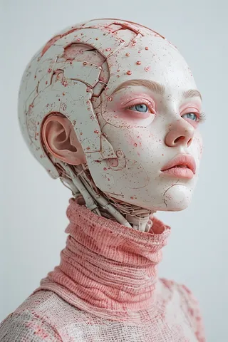 Portrait of a sexy female cyborg with mechanical skin and delicate pink makeup wearing a textured pink turtleneck, facing sideways in soft lighting.
