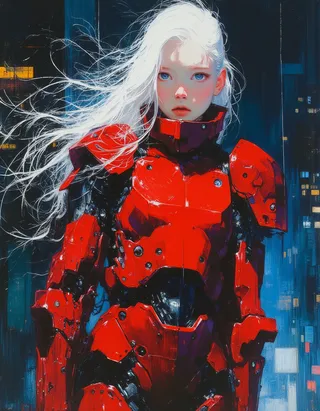 A digital painting of an albino teen girl with long white hair wearing striking red full body armor, standing in a dark rainy cyberpunk cityscape with volumetric and dramatic lighting.