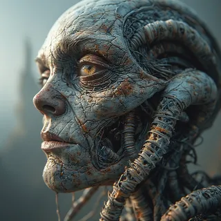 Close-up view of a biomechanical cyborg face with cracked texture, rust, mechanical tubes, and detailed wires in a surreal atmosphere.