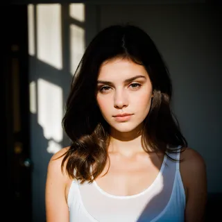 Portrait of a brunette girl wearing a white tank top, illuminated by strong natural light casting hard shadows and light contrast from a window.