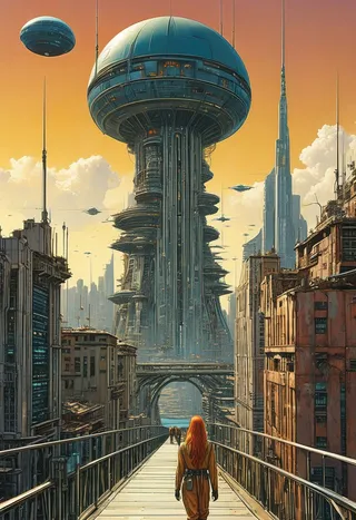A futuristic sci-fi city viewed from above with a giant mushroom-like skyscraper, flying machines, metallic buildings, and a solitary woman with a long ginger braid walking on a bridge.