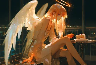 A glowing angel girl with golden hair, blue eyes, and a halo, sitting at a rooftop restaurant at night, holding a fork with a slice of cake on a table.