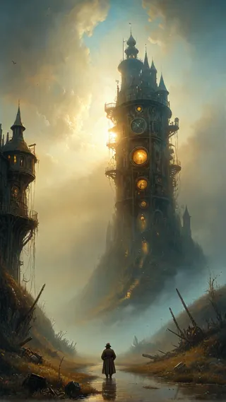 A tall, intricate steampunk-style tower illuminated by sunrise through morning fog with brass gears and glowing windows, a lone figure stands in the foreground.