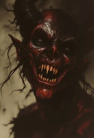 A grainy sepia-toned close-up of a hellish demon with glossy dark red skin, sharp teeth, and a scary smile lurking in the shadows.