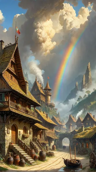 A detailed medieval village with steampunk architectural elements, under a sunlit sky featuring large clouds and a vibrant rainbow stretching across rugged mountains, with a small river and boat in the foreground.
