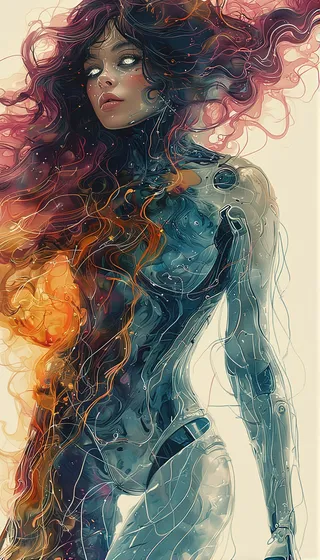 A hyper-realistic futuristic robot girl with glowing white eyes and long curly hair blending into swirling colors and mist representing entropy, standing in a dynamic pose.
