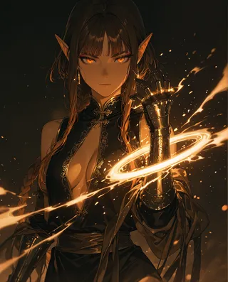 A focused elf sorceress with orange eyes and long braided hair wearing a black china dress with gold embroidery and armored gloves conjures a glowing magic ring surrounded by floating particles against a dark background.