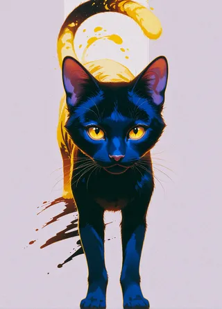 Arte digital de um gato preto-azul com olhos amarelos vivos e uma cauda amarela com efeitos de respingo em estilo de cor plana e alto contraste.