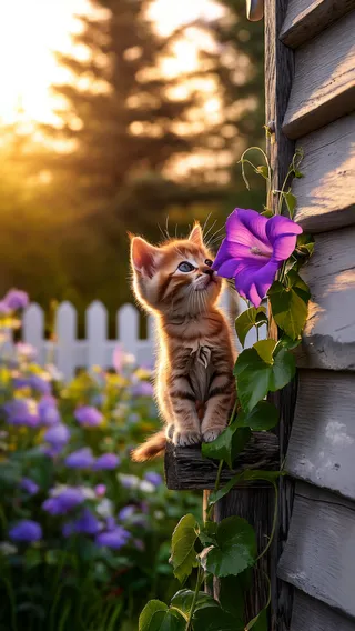 An orange tabby kitten perched on a sunlit wooden railing, curiously smelling a vibrant purple bellflower in a serene early morning garden setting.