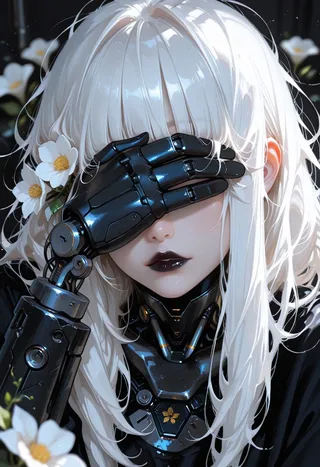 Close-up of a cyborg girl with white messy hair and blunt bangs covering her eyes with a black robotic hand, adorned with white flowers and black lipstick.