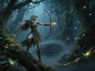 An elf archer perched on a mossy tree branch in an enchanted forest, drawing her bow with a glowing arrow amidst floating fireflies and dense mystical woods.
