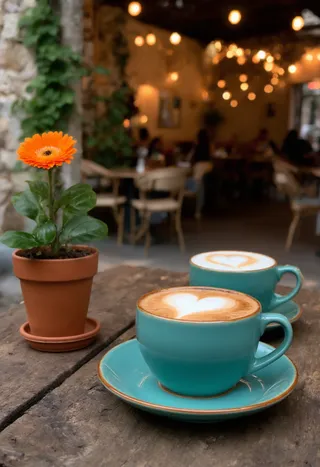 Close-up of two teal ceramic cups filled with cappuccino topped with heart-shaped foam, placed on a rustic wooden table beside a potted orange flower, with a softly blurred outdoor café background including warm string lights.