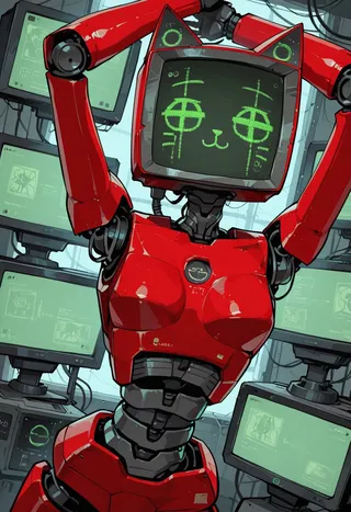 A bust shot of a catgirl robot with a red robotic body and a green face monitor displaying a cute cat face, set against multiple green computer screens in the background